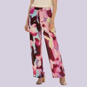 Zara Pink Floral Watercolor High Waist Straight Leg Satin Finish Pants Med NWT